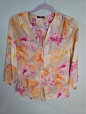 NYDJ Womens XS Tropical Palm Print Blouse Orange Pink 3/4 Sleeve Pleated V-Neck